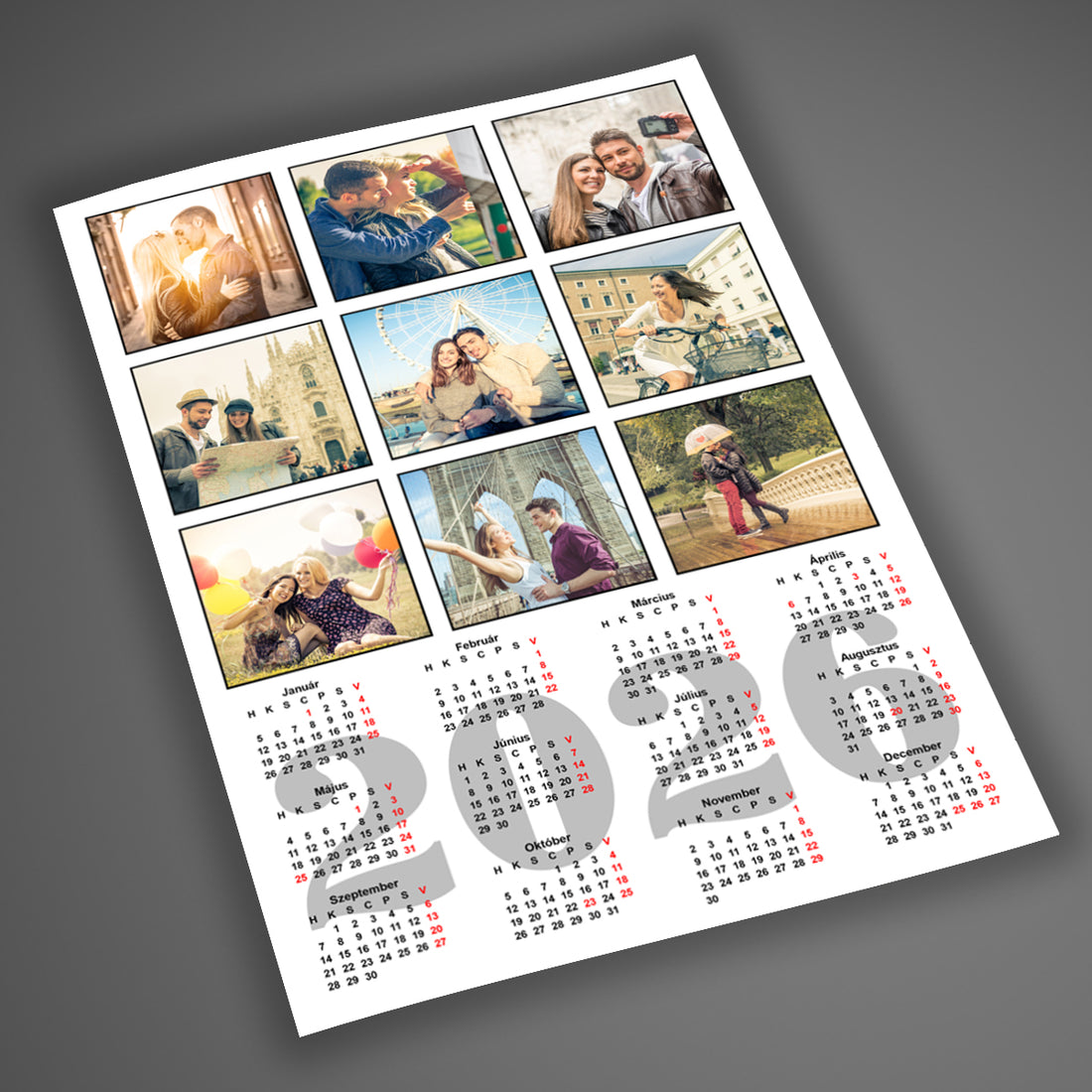Egyedi 2026-os falinaptár 9 választható fényképpel – személyre szabható fotónaptár