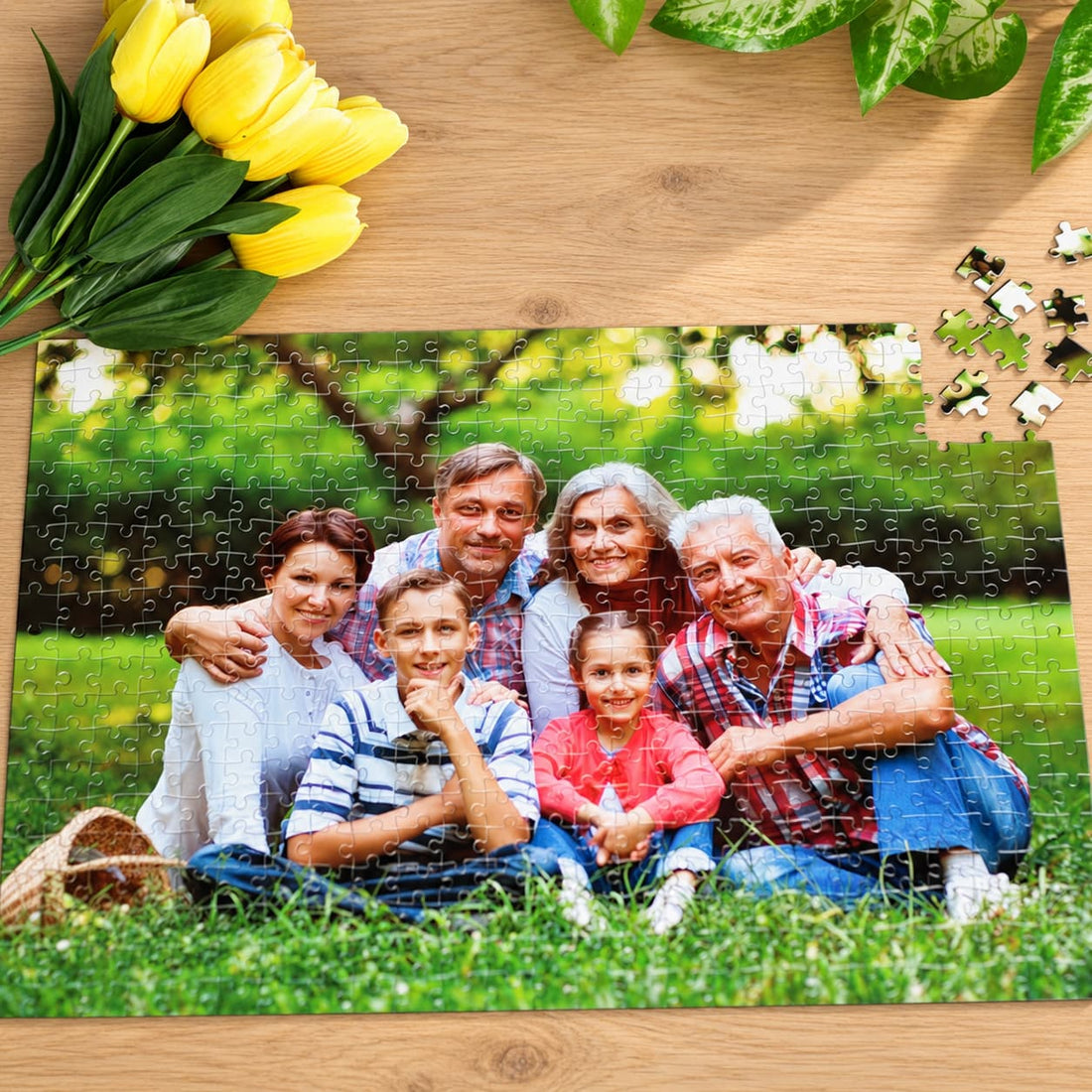 500 darabos fényképes puzzle fekvő családi fotóval, részben kirakva az asztalon