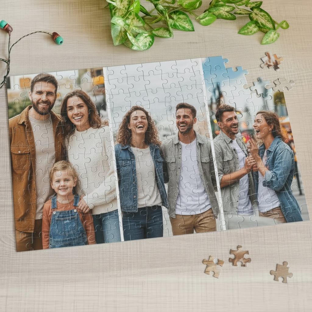 500 darabos fényképes puzzle három képpel egymás mellett, részben kirakva