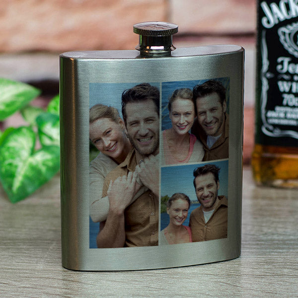 Egyedi fényképes fém flaska 3 cserélhető fotóval, rozsdamentes acél kivitelben – személyre szabható ajándék férfiaknak születésnapra vagy különleges alkalomra.