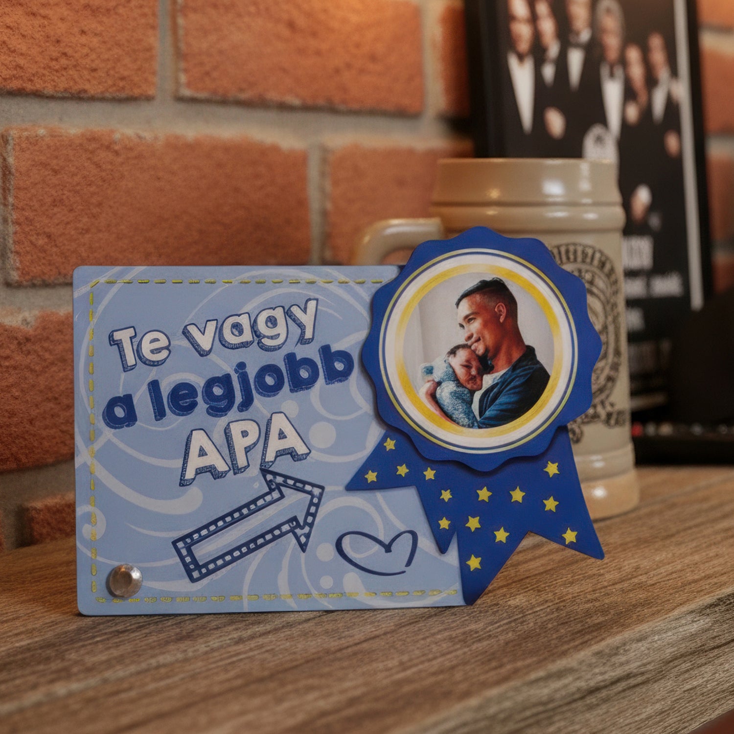 Legjobb apa feliratos fényképes fotópanel egyedi képpel – személyre szabható ajándék apáknak.