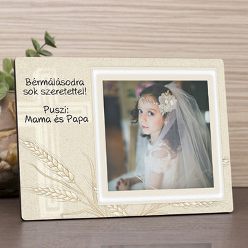 Vallási témájú fa fotópanel saját fényképpel és személyre szabható felirattal, emlékezetes ajándék elsőáldozásra, bérmálásra vagy más egyházi alkalomra.