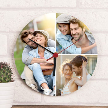 Egyedi, 3 fényképes falióra saját fotókkal. A képek szabadon cserélhetők, így a legszebb közös pillanatok mindig szem előtt lehetnek.