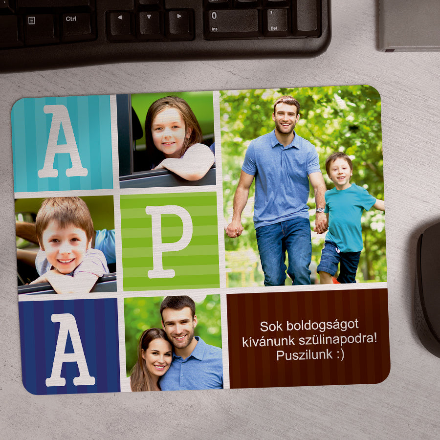 Egyedi fényképes APA egérpad több szabadon cserélhető fotóval és egyedi felirattal, különleges ajándék apának születésnapra, apák napjára vagy meglepetésként.