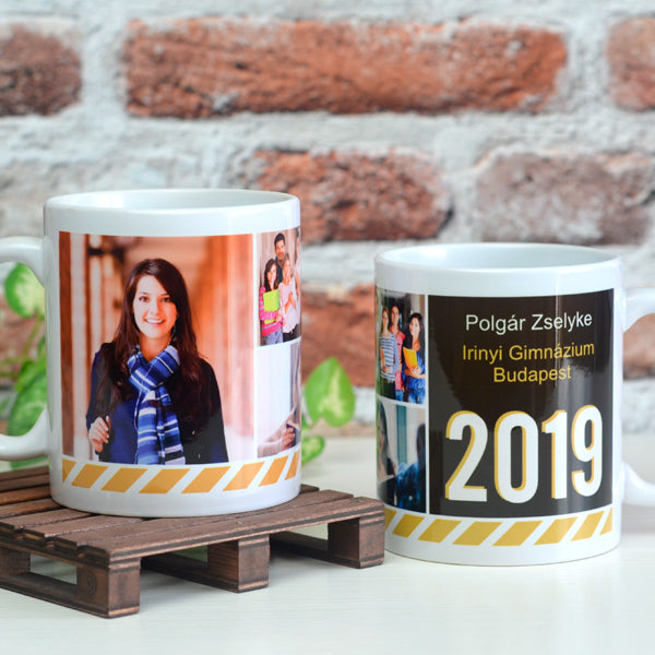 Egyedi, 2026-os ballagási bögre három szabadon cserélhető fényképpel és személyre szabható feliratokkal, emlék ajándék ballagásra.