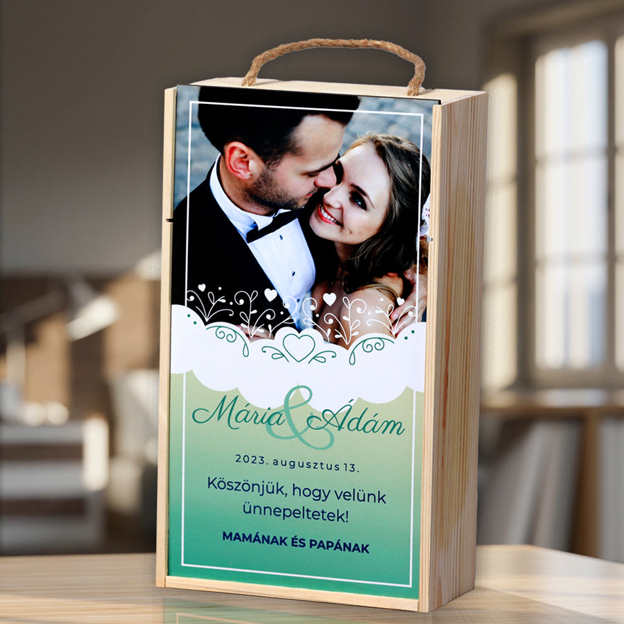 Egyedi fényképes dupla borosüvegdoboz két palackhoz, személyes felirattal és képpel, elegáns fa ajándékdoboz esküvőre vagy különleges alkalmakra