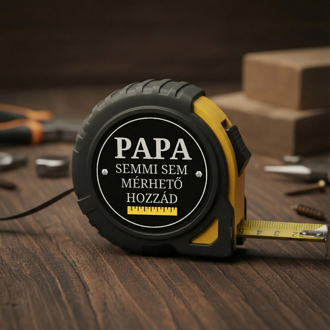 Egyedi fekete-sárga mérőszalag „PAPA – Semmi sem mérhető hozzád” felirattal, a felső név szabadon cserélhető