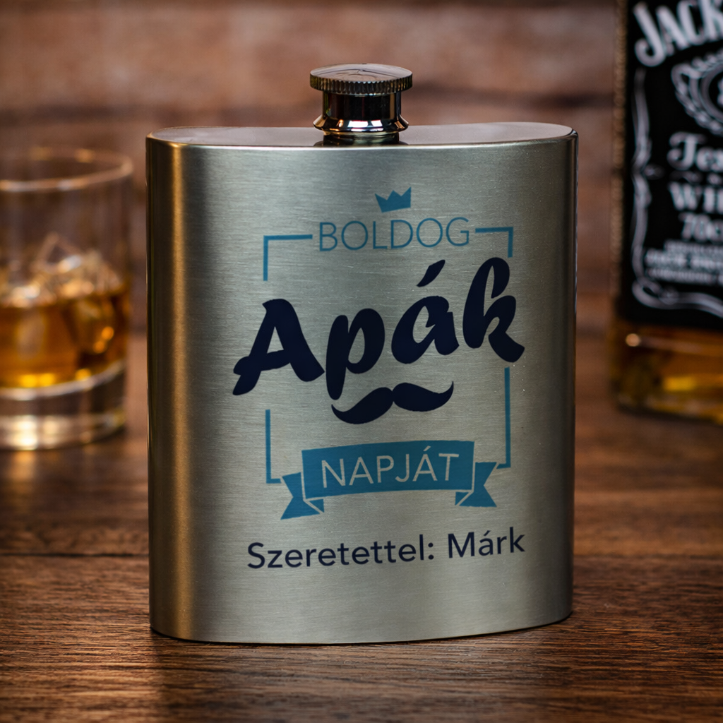 200 ml-es rozsdamentes acél flaska „Boldog Apák Napját” grafikával és személyre szabható alsó felirattal.