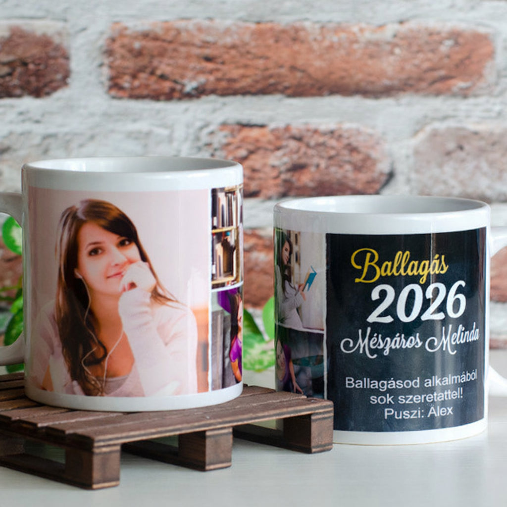 2026-os ballagási egyedi bögre három cserélhető fényképpel és személyre szabható felirattal, emlékezetes ajándék ballagásra vagy évzáróra.