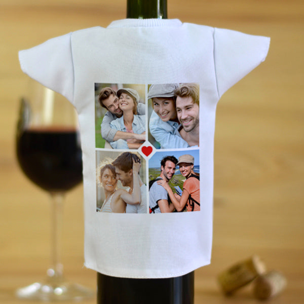Fényképes borosüveg póló 0,75 literes borosüveghez, 4 képpel és szívecske grafikával – fehér poliészter romantikus ajándékkiegészítő Valentin-napra vagy évfordulóra.