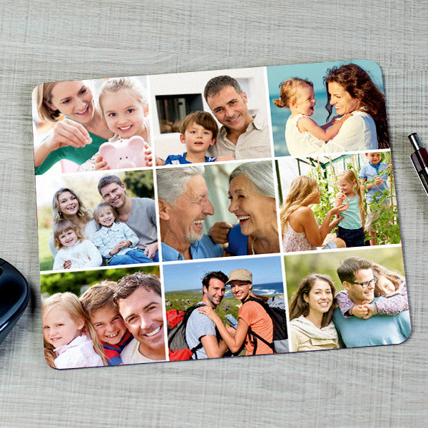 Egyedi fényképes egérpad 9 szabadon cserélhető fotóval, személyes ajándék családi emlékekhez, tökéletes meglepetés otthonra vagy irodába.