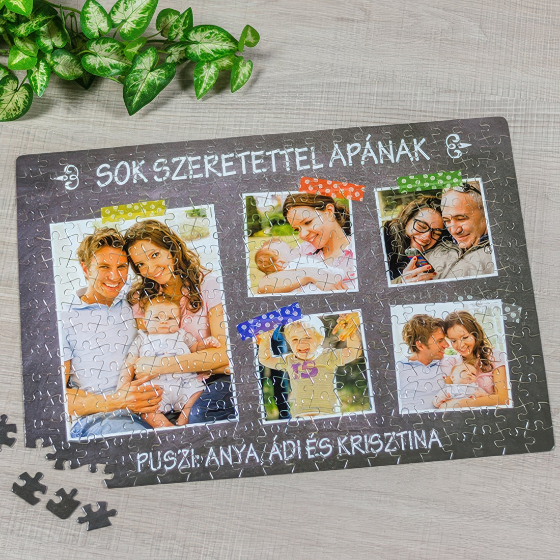 Egyedi fényképes kirakó 5 fotóval és felirattal, 192 darabos puzzle 29×40 cm méretben – személyre szabható ajándék családi emlékekkel