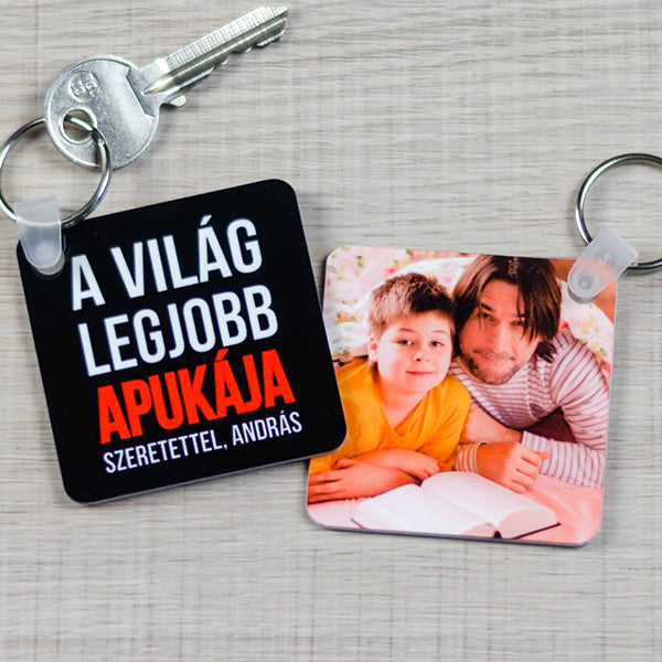 Egyedi fényképes kulcstartó „A világ legjobb apukájának” felirattal – személyre szabható ajándék 57×57 mm