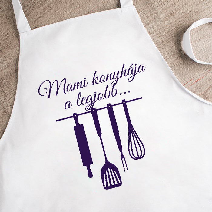 Egyedi kötény felirattal – fehér kötény konyhai eszköz grafikával és személyre szabható szöveggel, ajándék kötény