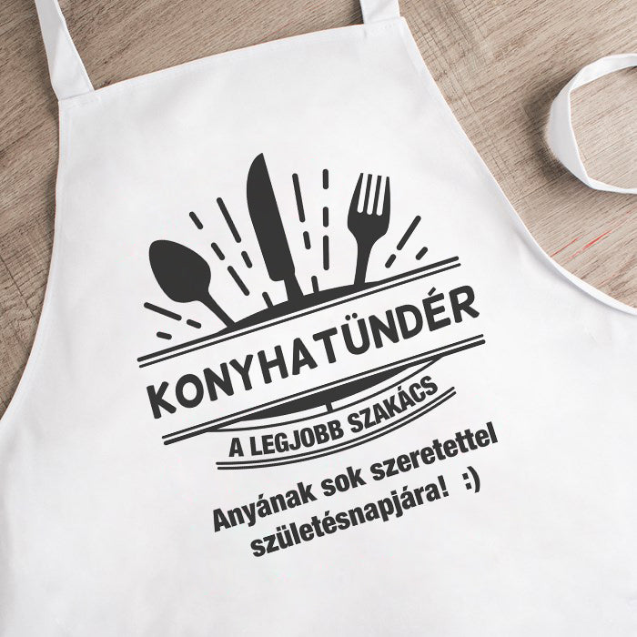Egyedi kötény „Konyhatündér” felirattal – fehér kötény személyre szabható szöveggel, ajándék kötény