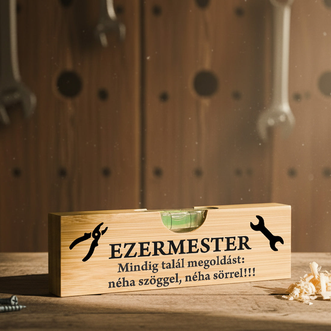 Bambusz vízmérték „EZERMESTER – Mindig talál megoldást: néha szöggel, néha sörrel!” felirattal, fogó és villáskulcs ikonokkal