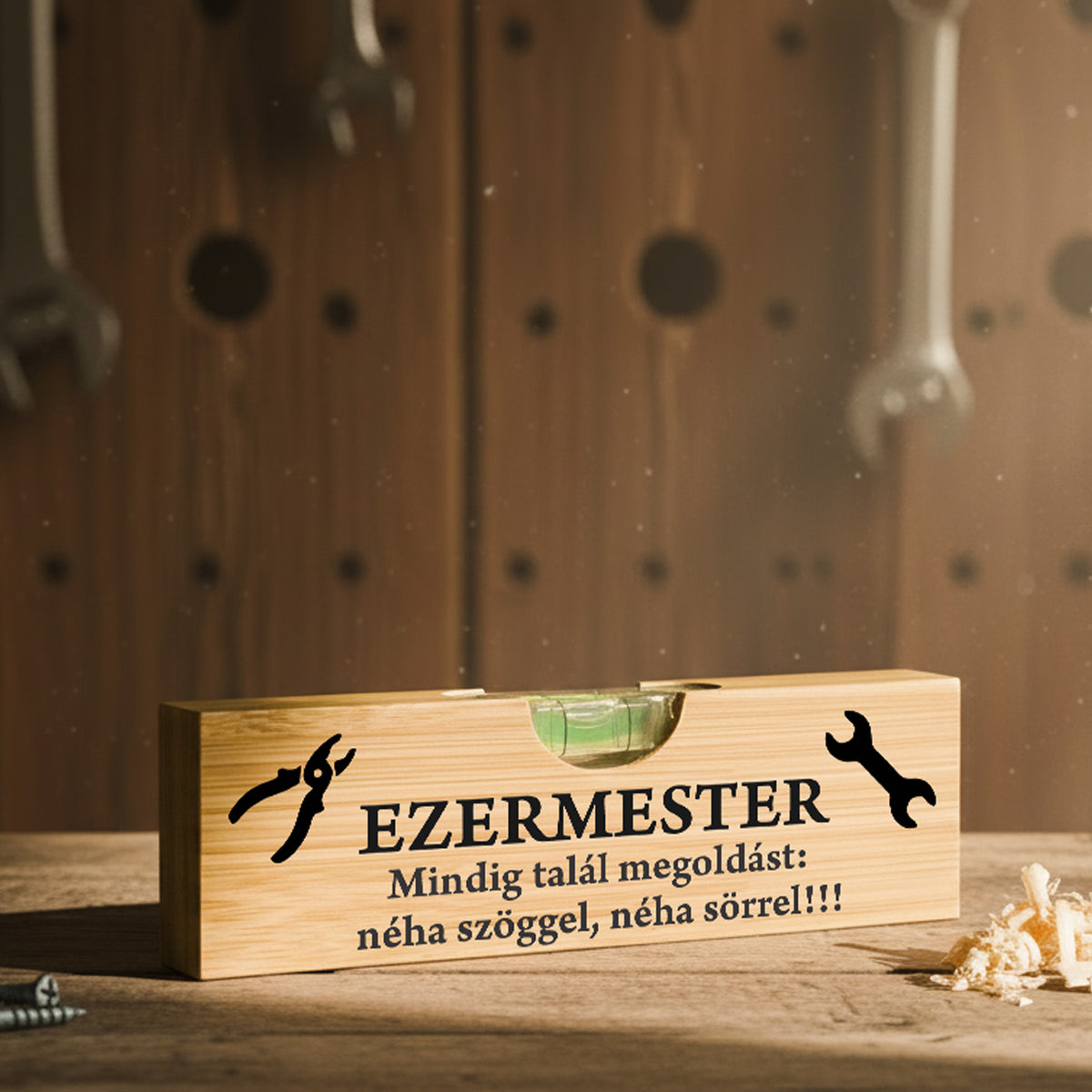 Bambusz vízmérték „EZERMESTER – Mindig talál megoldást: néha szöggel, néha sörrel!” felirattal, fogó és villáskulcs ikonokkal