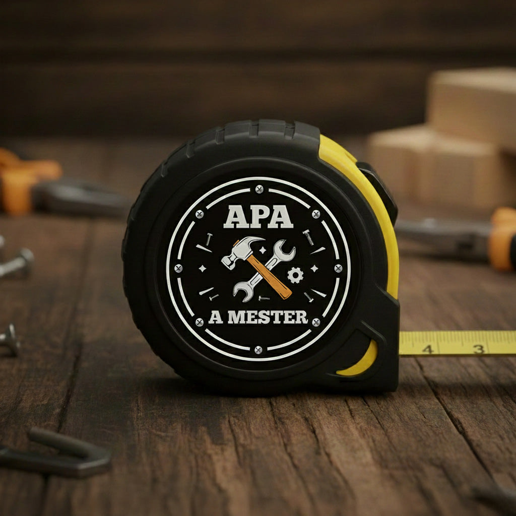 Ajándék apáknak – APA A MESTER feliratos egyedi mérőszalag barkácsoló grafikával