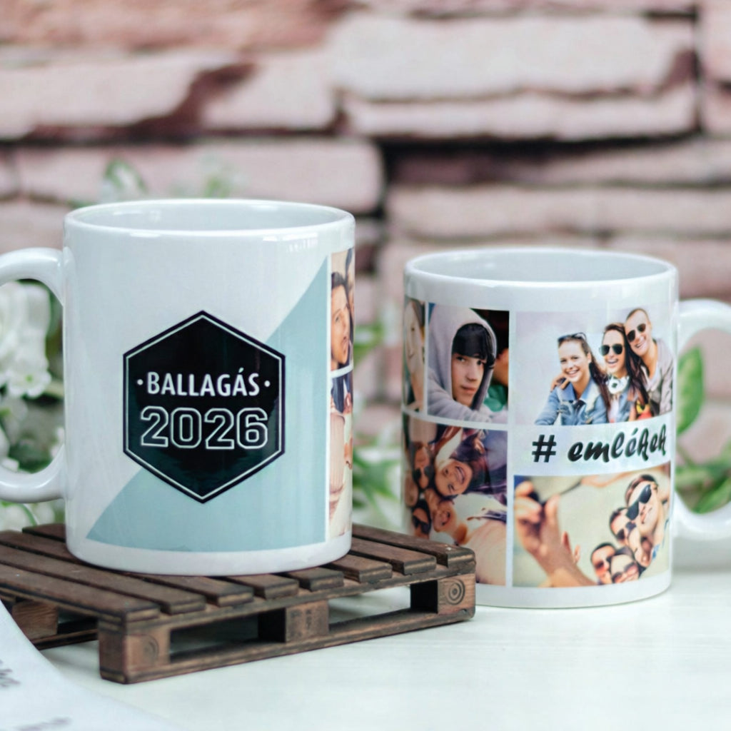 Fényképes ballagási bögre 2026-os évszámmal, több cserélhető fotóval és #emlékek felirattal, személyre szabható ajándék ballagásra.
