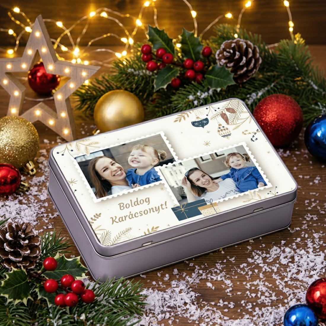 Karácsonyi fényképes fémdoboz két fotóval