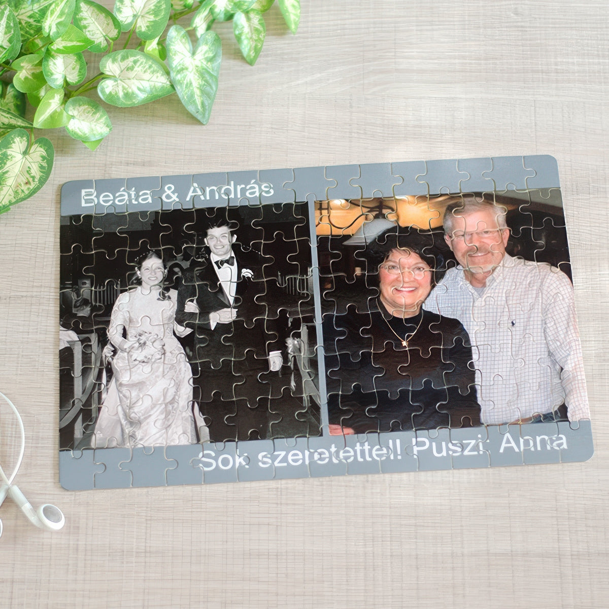 Egyedi fényképes kirakó két fotóval és felirattal, 96 darabos A4 méretű puzzle 20×28,5 cm – személyre szabható ajándék