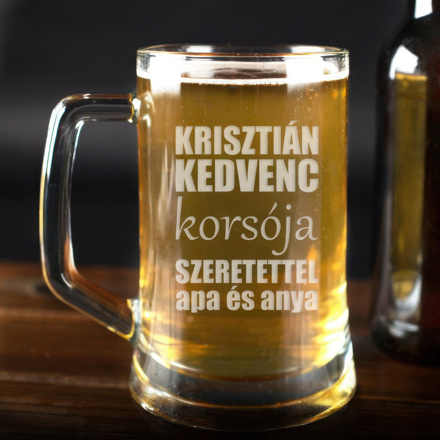 Egyedi homokfúvott söröskorsó