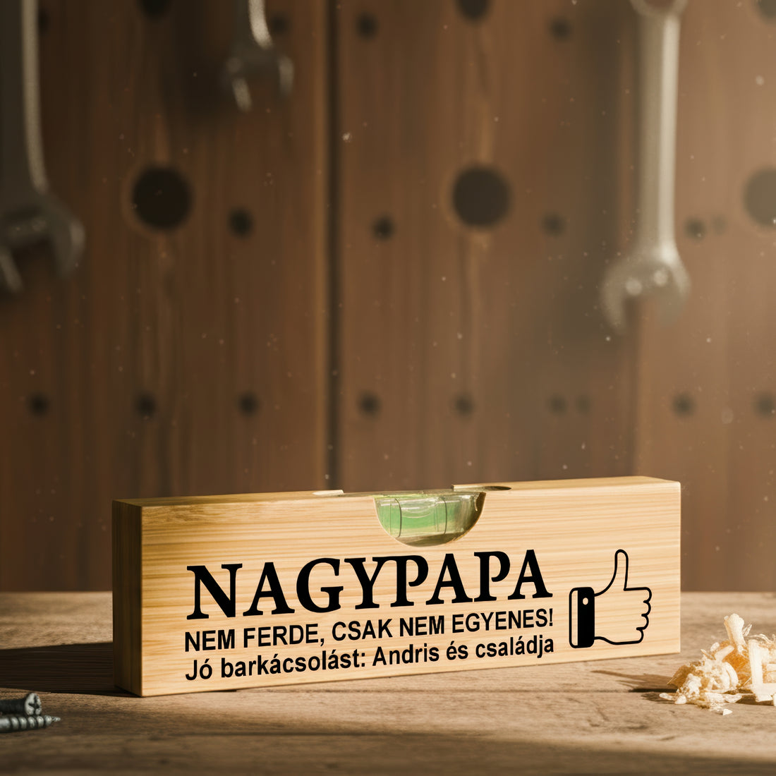 Vicces bambusz vízmérték nagypapáknak – egyedi üzenettel, humoros ajándék ezermestereknek