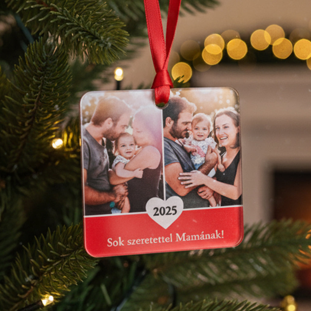 Egyedi fényképes karácsonyfadísz – szív-évszámos, két fotóval