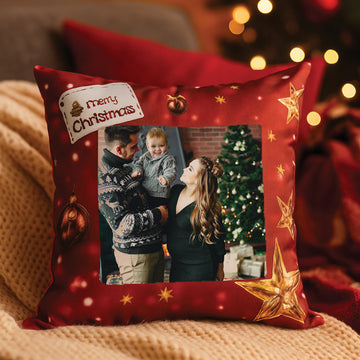 Karácsonyi fényképes díszpárna saját fényképpel és Merry Christmas felirattal