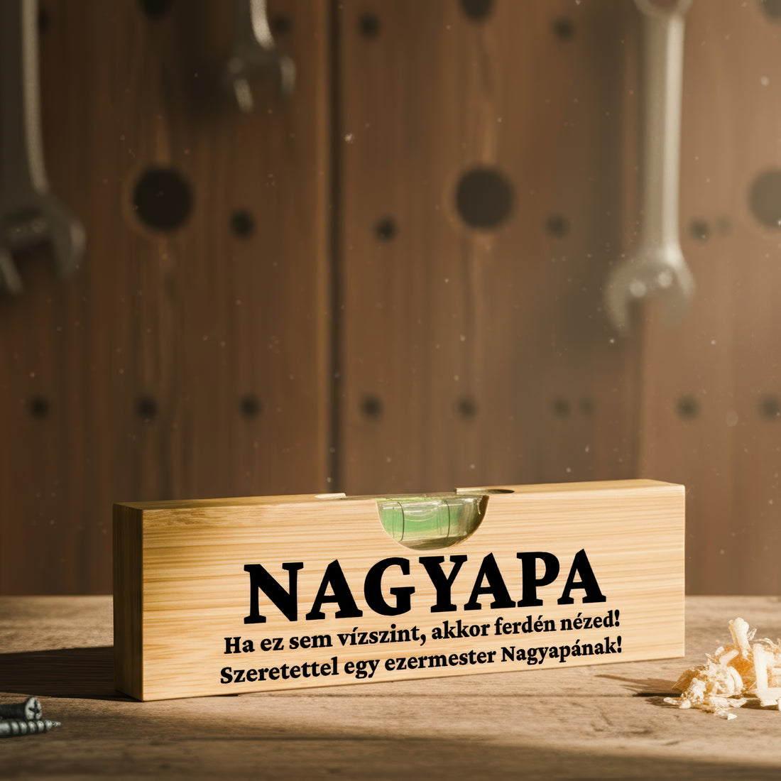 Egyedi bambusz vízmérték NAGYAPA felirattal és személyre szabható üzenettel – különleges ajándék ezermester nagypapáknak