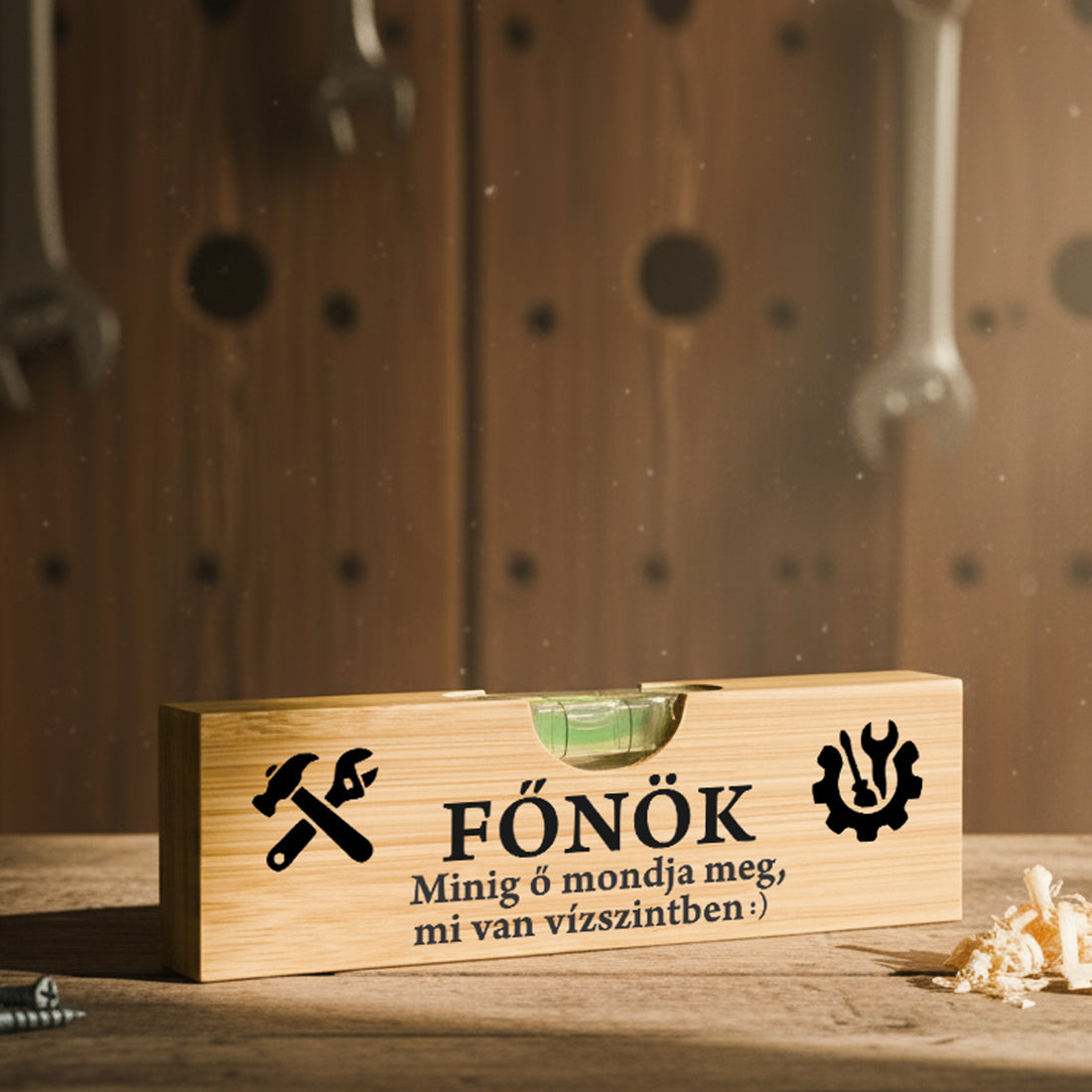 Feliratos bambusz vízmérték – „Főnök – Mindig ő mondja meg, mi van vízszintben!