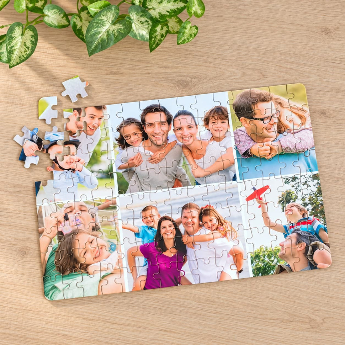 Fényképes A4-es puzzle hat képpel, egy család fotóival, részben kirakva