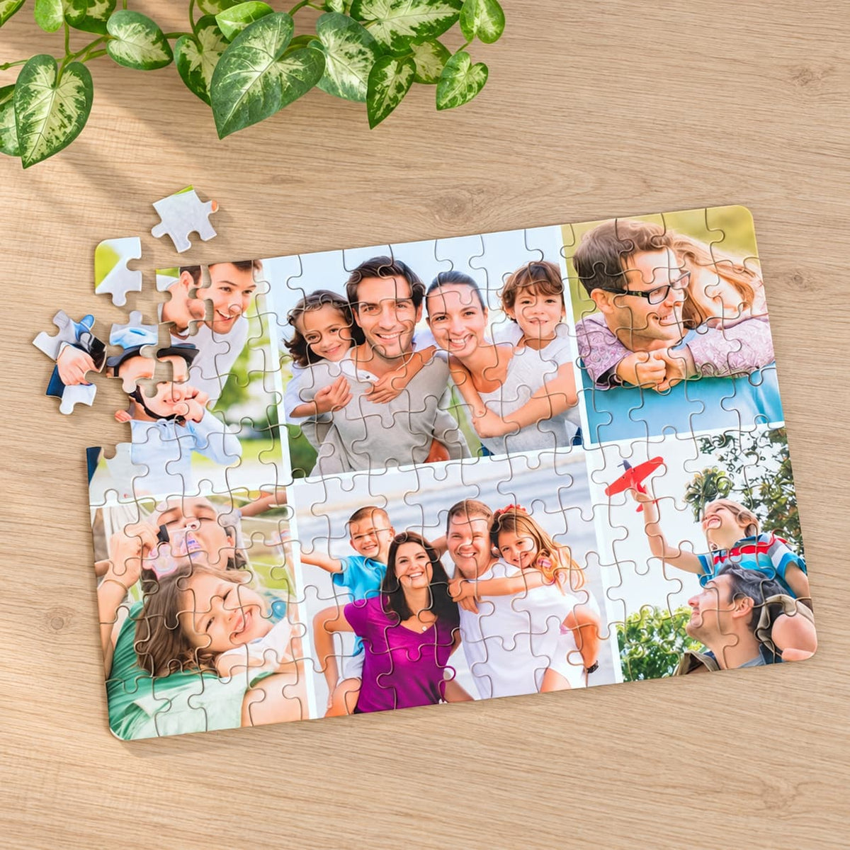Fényképes A4-es puzzle hat képpel, egy család fotóival, részben kirakva