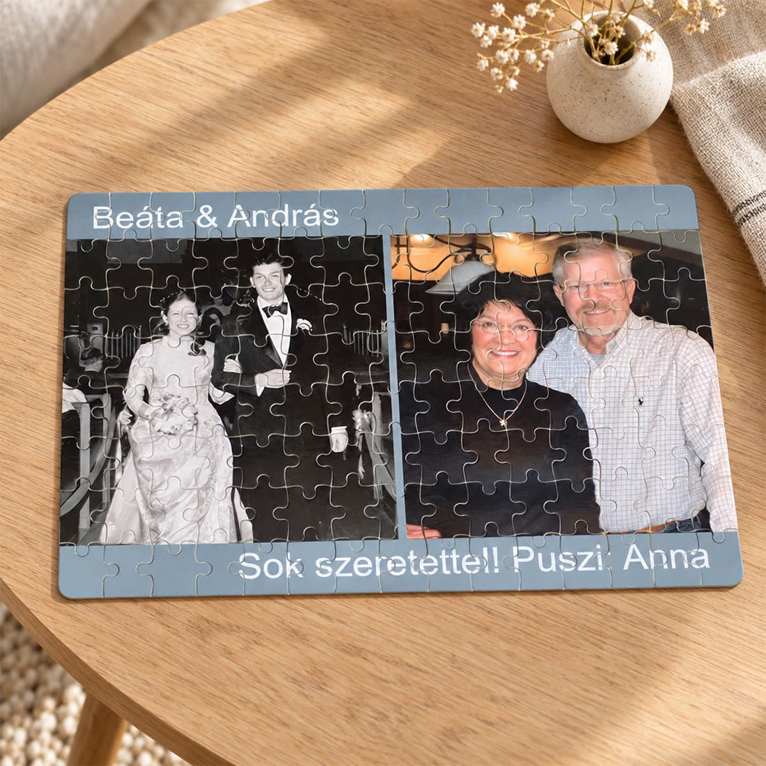 Fényképes A4-es puzzle két képpel és felirattal, egy pár esküvői és mai fotójával