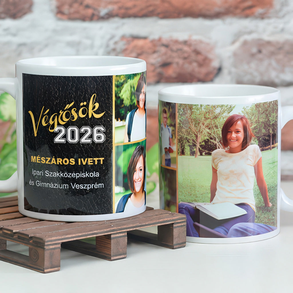 2026-os ballagási fényképes bögre több képpel, egyedi névvel és felirattal, személyre szabható emlékajándék ballagásra.