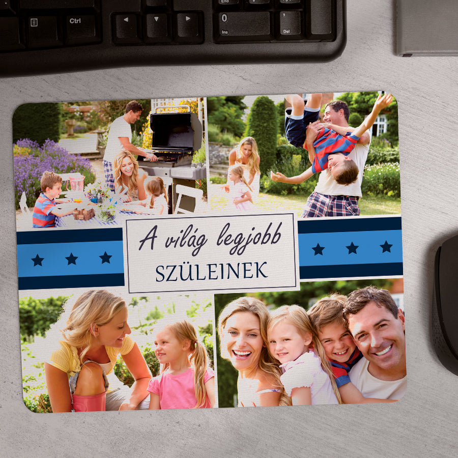Egyedi fényképes egérpad 4 szabadon cserélhető képpel és egyedi felirattal, szeretetteljes ajándék szülőknek születésnapra, évfordulóra vagy különleges alkalmakra.