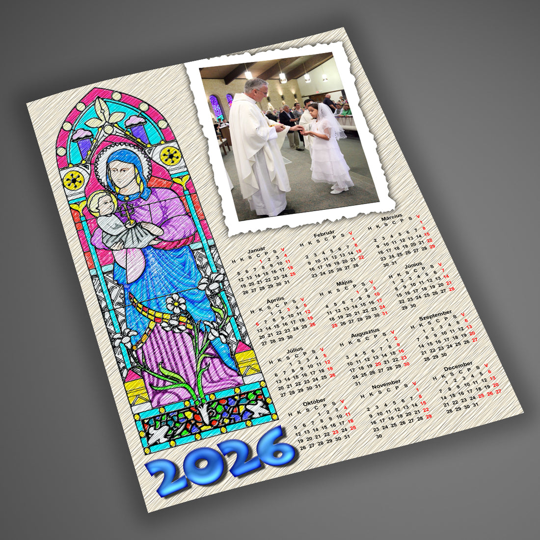 Vallási témájú fényképes falinaptár elsőáldozásra, bérmálkozásra