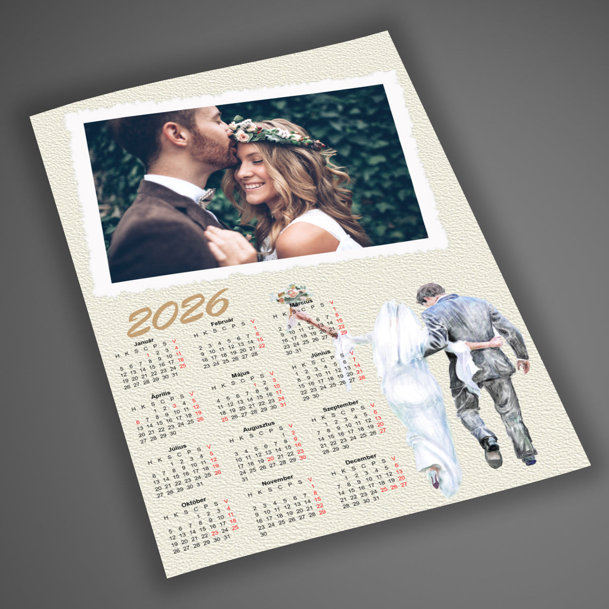 A4-es, laminált egyedi fényképes falinaptár 2026 romantikus, esküvői hangulatú dizájnnal, klasszikus 1 lapos kivitelben, 12 hónappal és 1 cserélhető fotóval.
