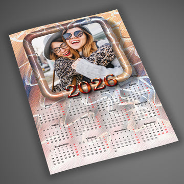 A4-es, laminált egyedi fényképes falinaptár 2026 trendi, modern, csillogó dizájnnal, klasszikus 1 lapos kivitelben, 12 hónappal és 1 cserélhető fotóval.