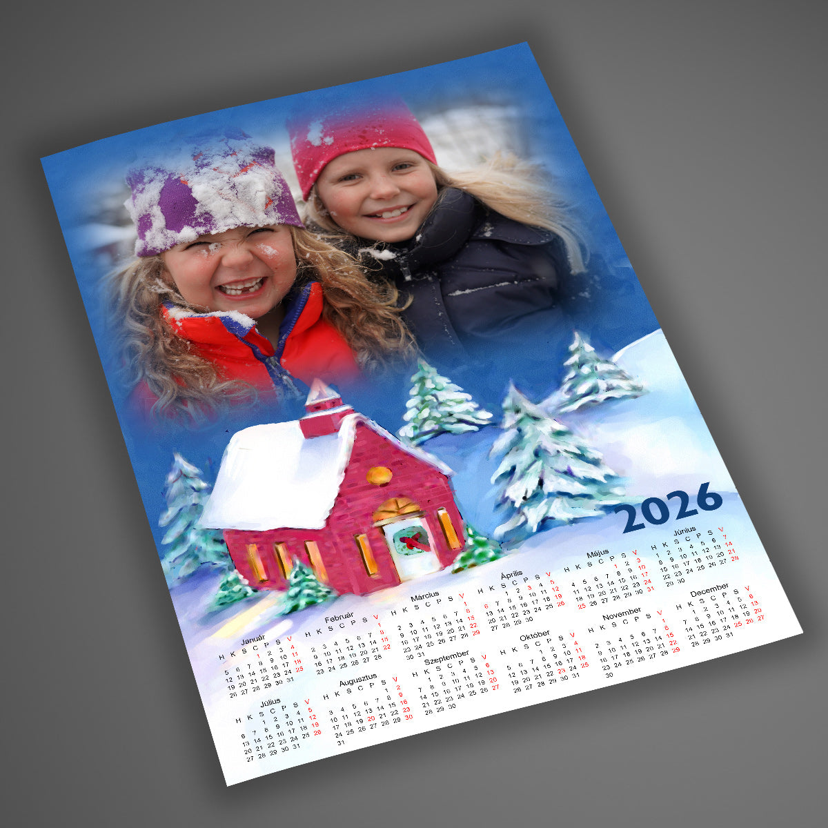 A4-es, laminált egyedi fényképes falinaptár 2026 téli, mesés havas háttérrel, klasszikus 1 lapos kivitelben, 12 hónappal és 1 cserélhető fotóval.