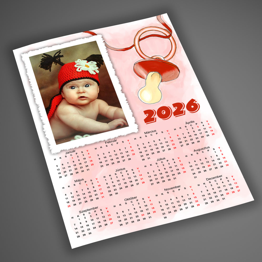 Egyedi fényképes 2026-os babás falinaptár piros grafikával – bármely saját fotóval rendelhető