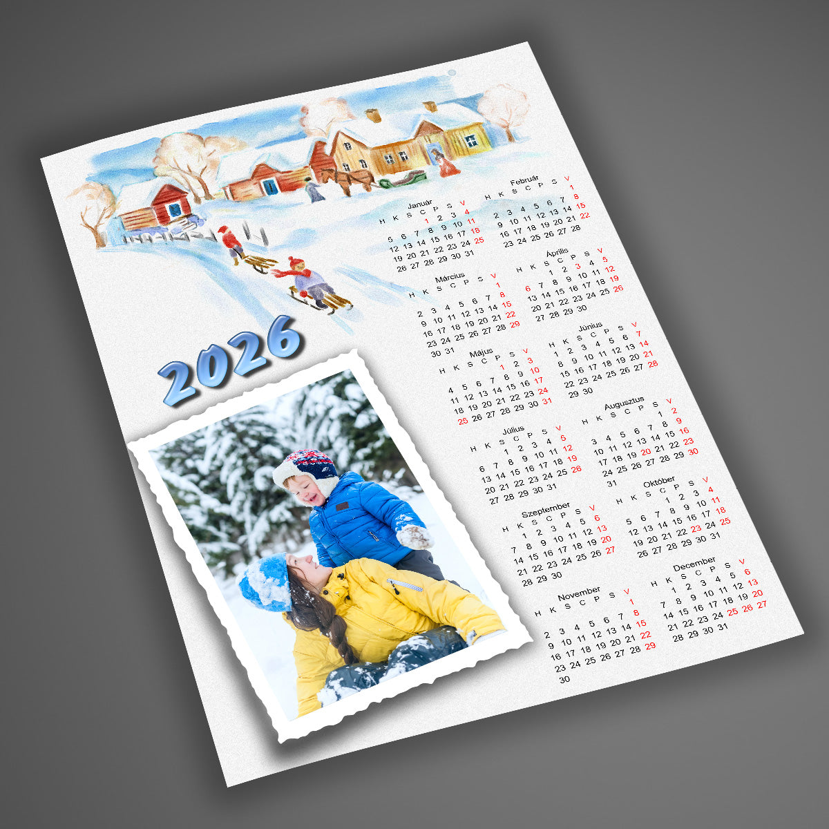 Egyedi 2026-os téli falinaptár havas rajzos háttérrel és cserélhető fotóval – személyre szabható ajándék