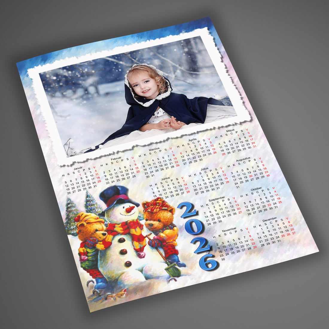 Egyedi 2026-os téli falinaptár hóember grafikával és cserélhető fotóval – személyre szabható ajándék