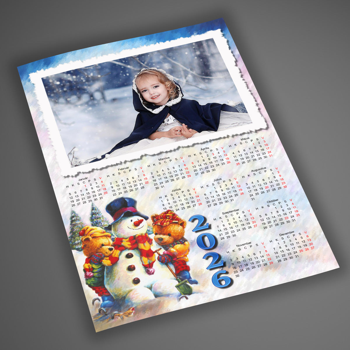 Egyedi 2026-os téli falinaptár hóember grafikával és cserélhető fotóval – személyre szabható ajándék
