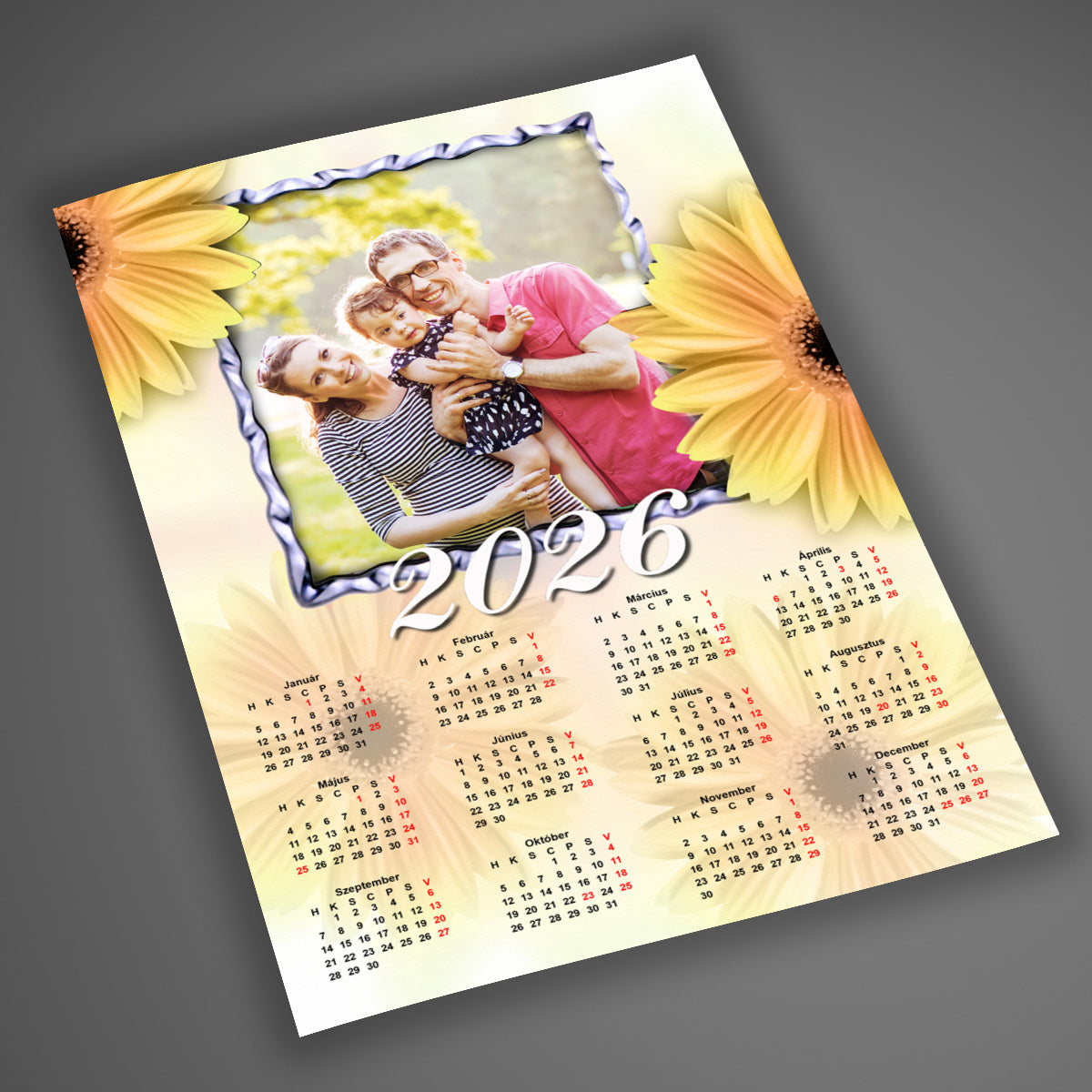 A4-es, laminált egyedi fényképes falinaptár 2026 napraforgós, világos családbarát dizájnnal, klasszikus 1 lapos kivitelben, 12 hónappal és 1 cserélhető fotóval.