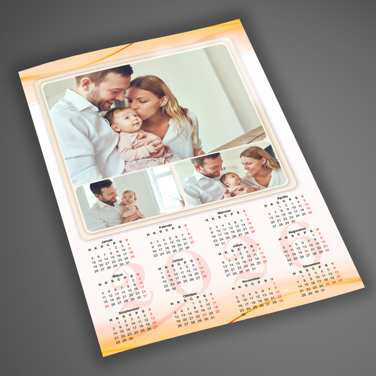 A4-es, laminált egyedi fényképes falinaptár 2026 családbarát, letisztult háttérrel, klasszikus 1 lapos kivitelben, 12 hónappal és 3 cserélhető fotóval.
