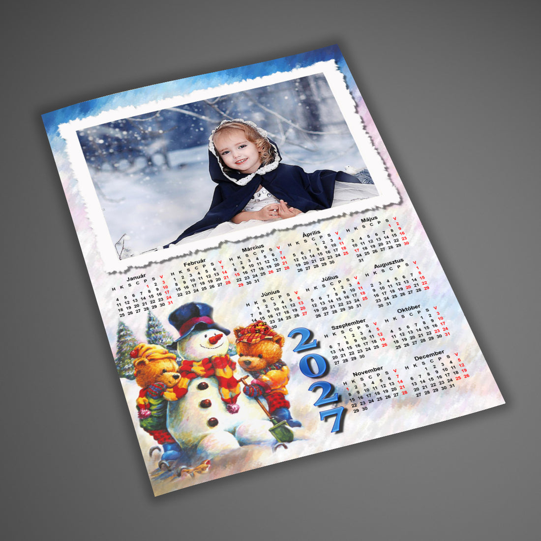 Egyedi 2027-es téli falinaptár hóember grafikával és cserélhető fotóval – személyre szabható ajándék