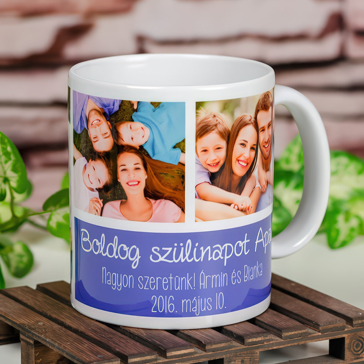 Személyre szabható fényképes bögre 3 képpel és egyedi felirattal – meghitt, emlékezetes ajándék szülőknek, nagyszülőknek, családtagoknak