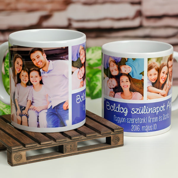 3 képes fényképes bögre egyedi felirattal – személyre szabható ajándék születésnapra, évfordulóra, családi meglepetésnek