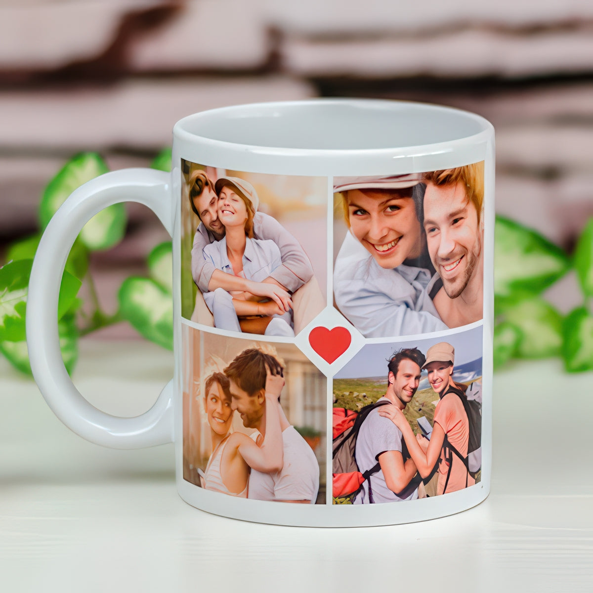 Egyedi 4 fényképes bögre 3 dl – középen szív motívummal, négy szabadon cserélhető fotóval, személyes és érzelmes ajándék pároknak, évfordulóra vagy Valentin-napra